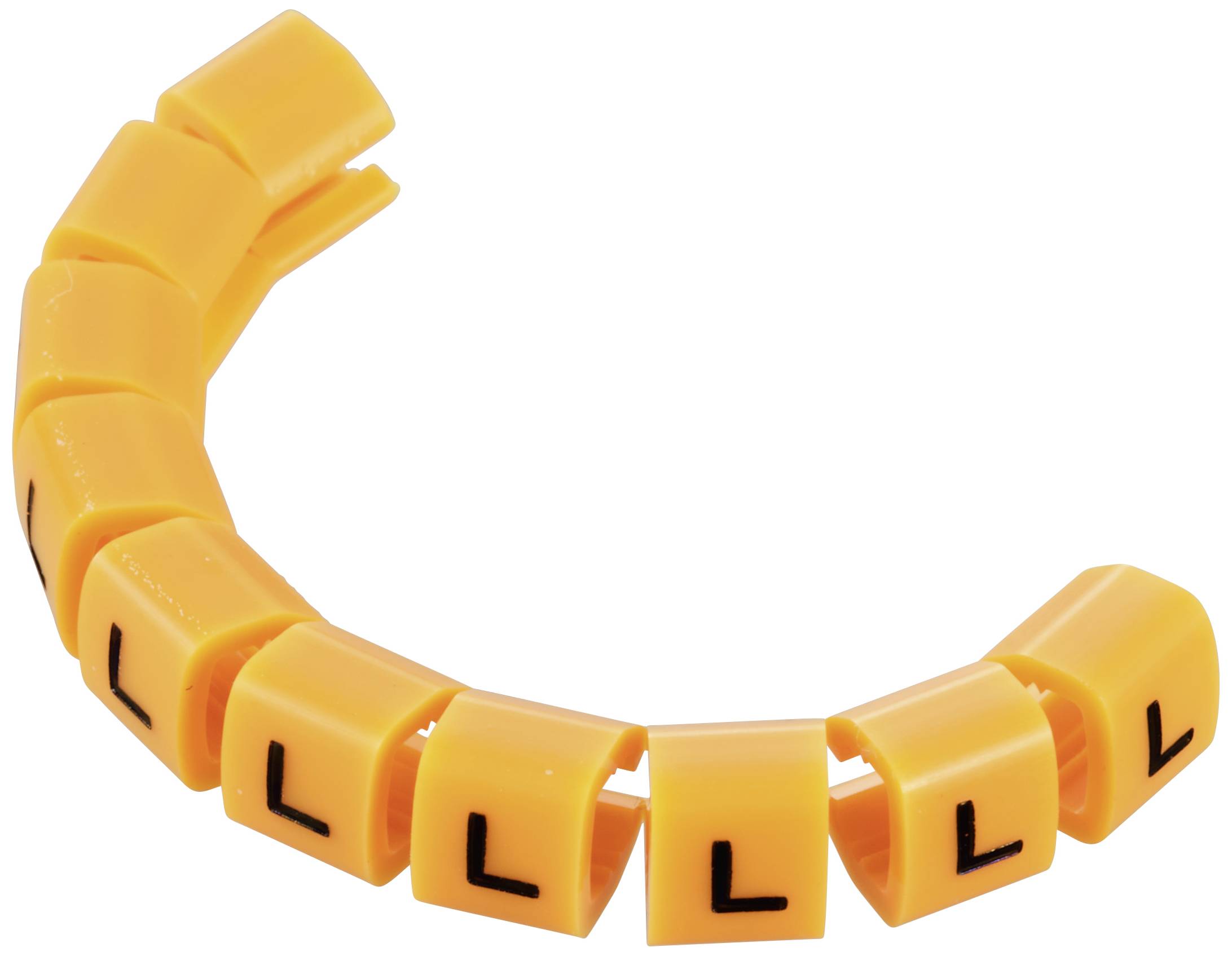 Des clips orange portant la lettre noire 'L', disposés en un demi-cercle.