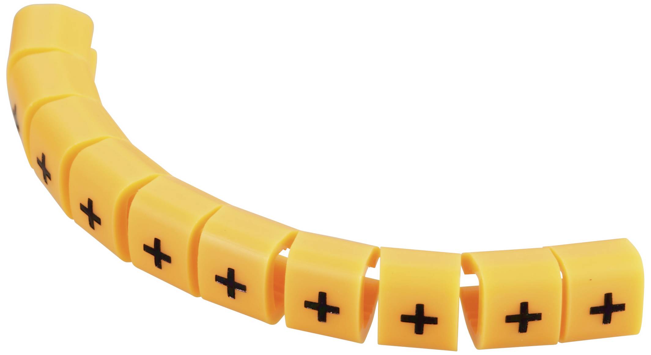 Boucle jaune en plastique avec des signes plus noirs, flexible et incurvée.