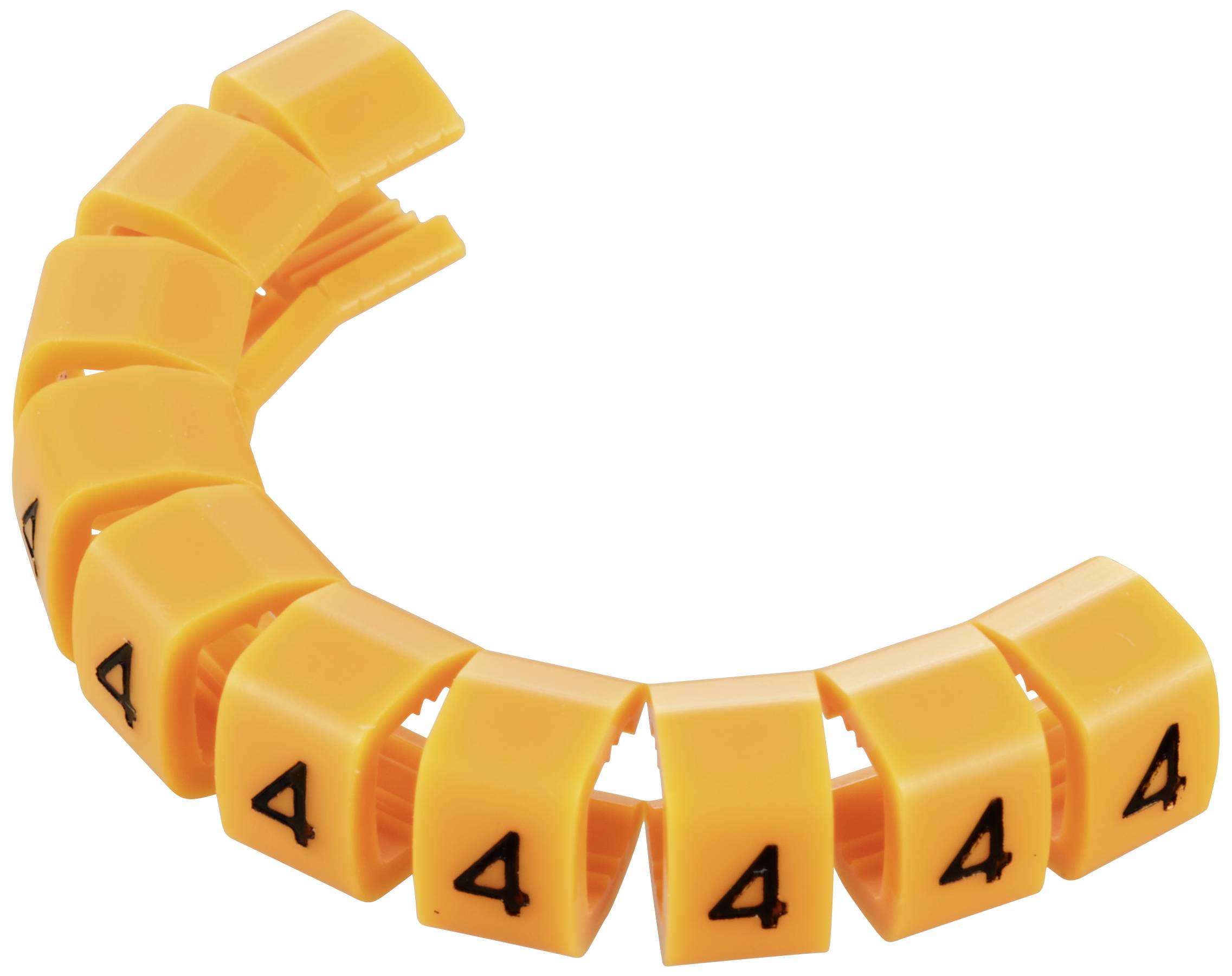 Des marqueurs de câbles orange, disposés en forme de serpent, portant le chiffre '4' sur chacun, symbolisent la gestion des câbles.