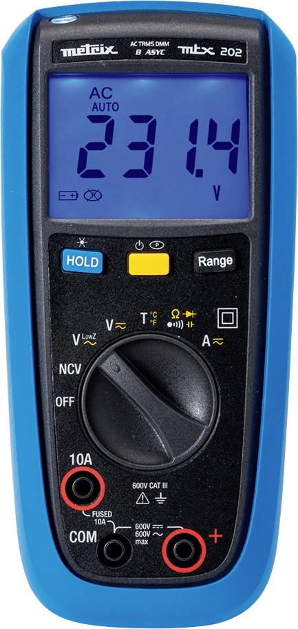 Un multimètre numérique affiche une tension de 231,4 volts. Il comporte des éléments bleus et noirs, de nombreuses touches et symboles.