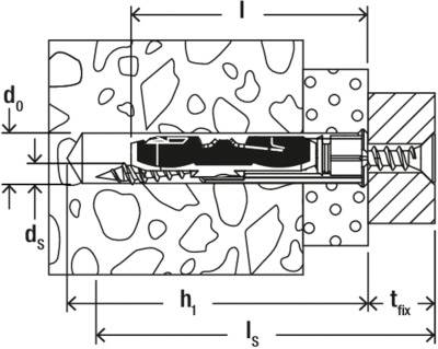 Diagramm eines Ankerschraubenbolzens in einer Mauerwerkwand, das Abmessungen veranschaulicht: l, d0, ds, h1, ls, tfix. Zeigt Bolzenplatzierung und Struktur.