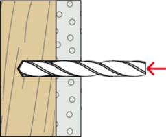 Bohrerspitznendiagramm: Ein Bohrer dringt von rechts in eine Holzoberfläche ein, gekennzeichnet durch einen roten Pfeil, der die Richtung anzeigt.