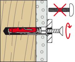 Diagramm eines Wanddübelinstallationsprozesses, das einen Querschnitt einer Wand mit einem eingefügten Dübel zeigt. Eine Schraube wird beim Anziehen gezeigt.