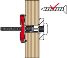Ein Diagramm, das eine rote Klammer zeigt, die mit einem Bolzen an einem Holzstück befestigt ist. Eine separate Schraube mit einem roten Häkchen ist auf der rechten Seite dargestellt.