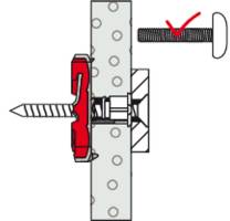 Ein Diagramm, das die korrekte Montage eines Bolzens durch eine Wand mit einer Dübelbuchse und einer Sicherungsmutter zeigt, mit einem roten Häkchen, das die korrekte Anordnung angibt.