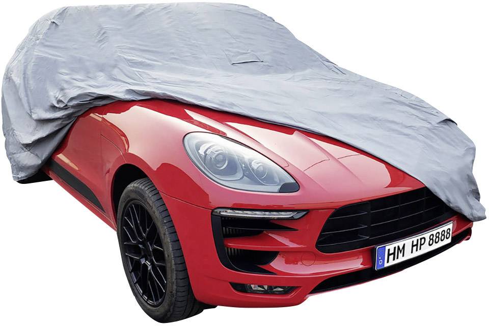 Une voiture rouge, partiellement recouverte d'une bâche grise, est garée. La plaque d'immatriculation indique 'HM HP 8888'.