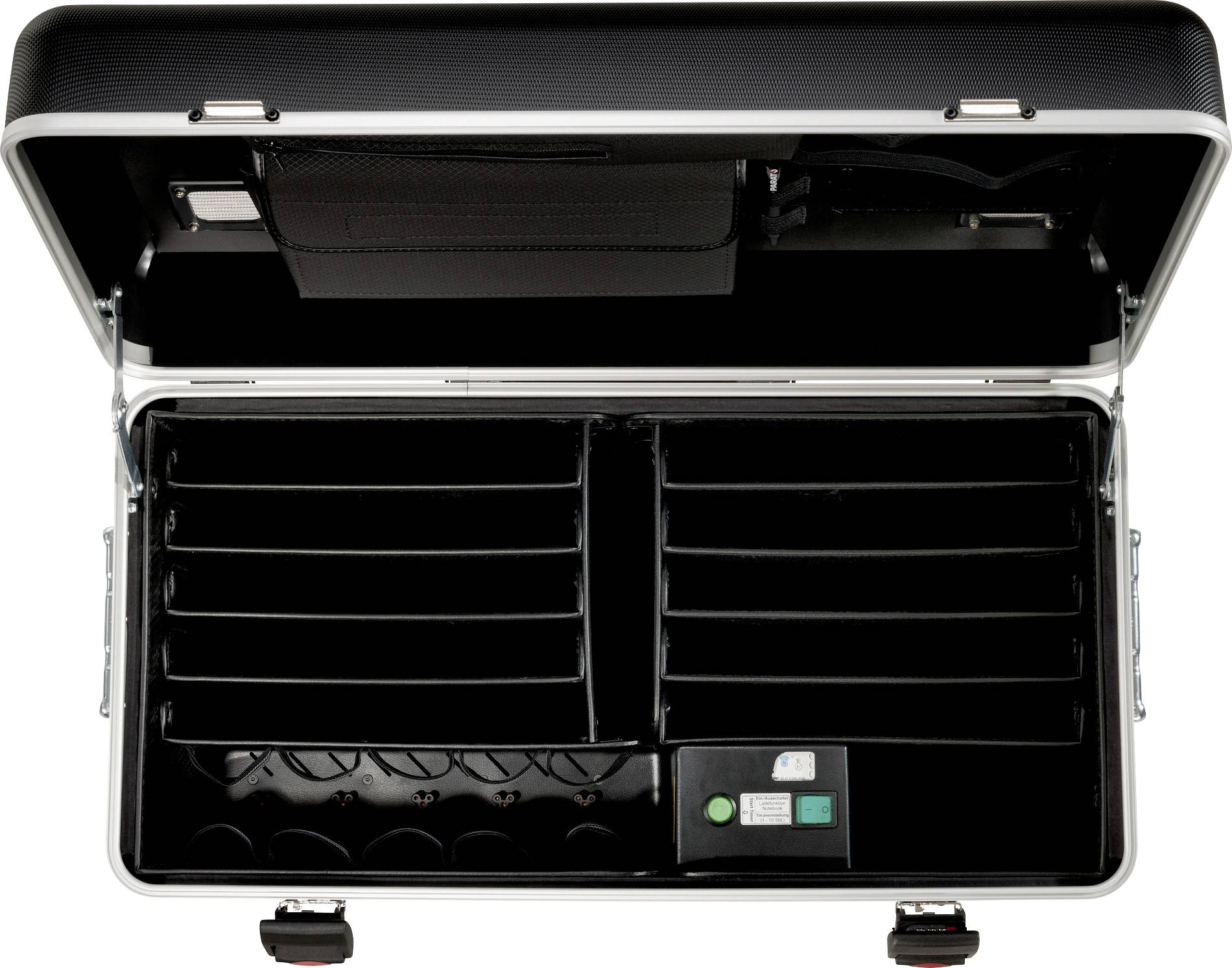 Valise ouverte avec plusieurs compartiments pour ranger de petits objets. Un compartiment avec fermeture à glissière est visible en haut.