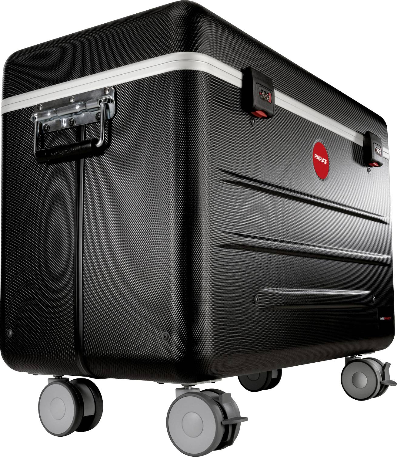 Valise rigide noire avec des fermoirs argentés et quatre roues, marquée d'un logo rouge. Solide et adaptée aux voyages.
