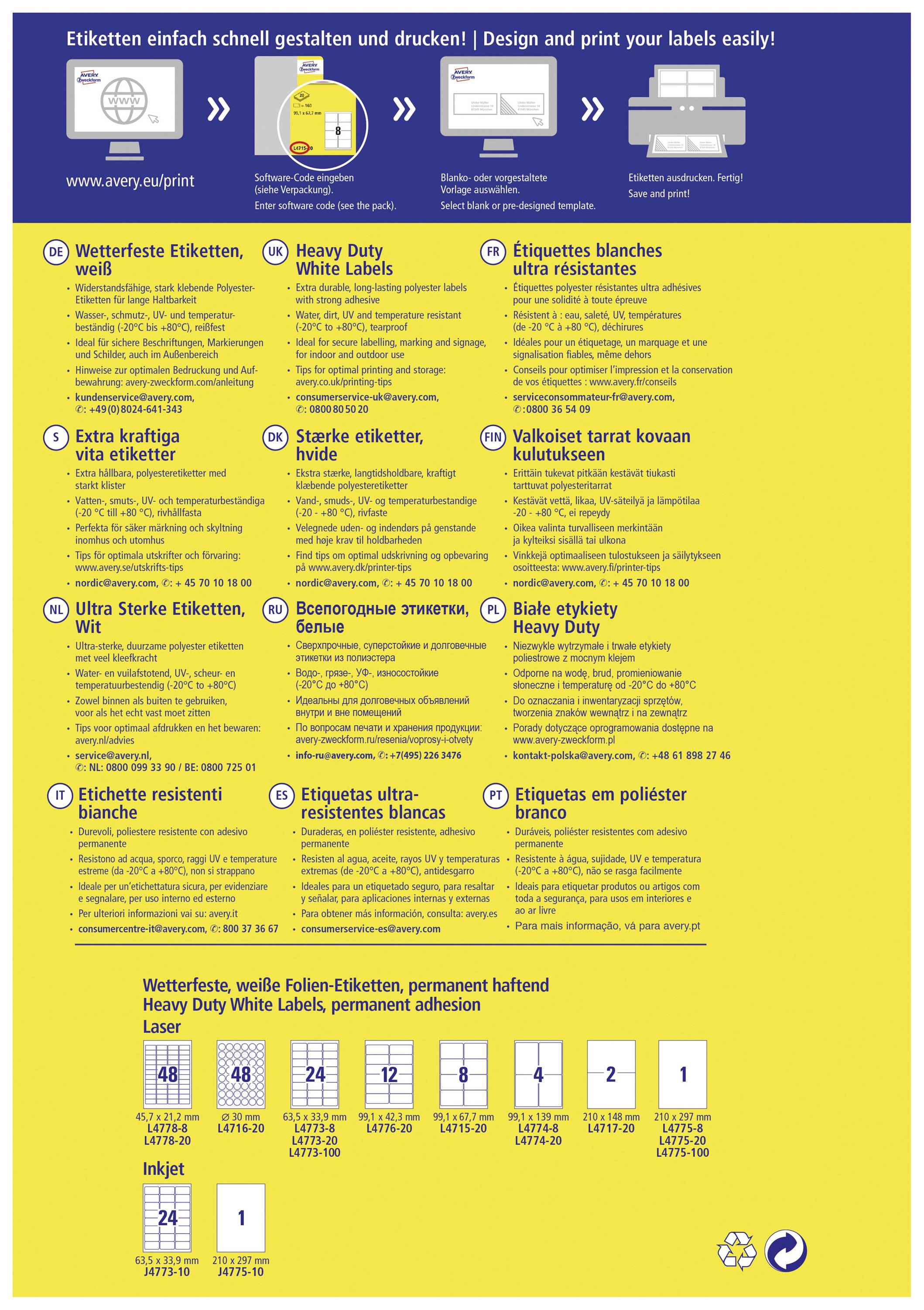 Etiquette plastique Avery-Zweckform L4773-8 63.5 x 33.9 mm film de polyester blanc 192 pc(s) fixation permanente