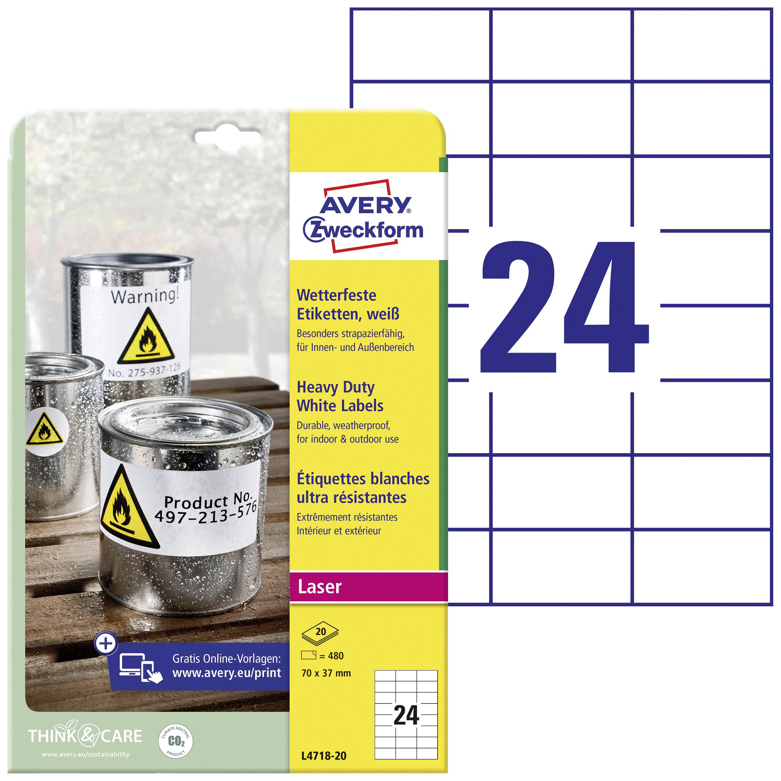 Ensemble d'étiquettes Avery Zweckform, résistant aux intempéries, avec 24 étiquettes blanches imprimables au laser par feuille, incluant un exemple de produit.