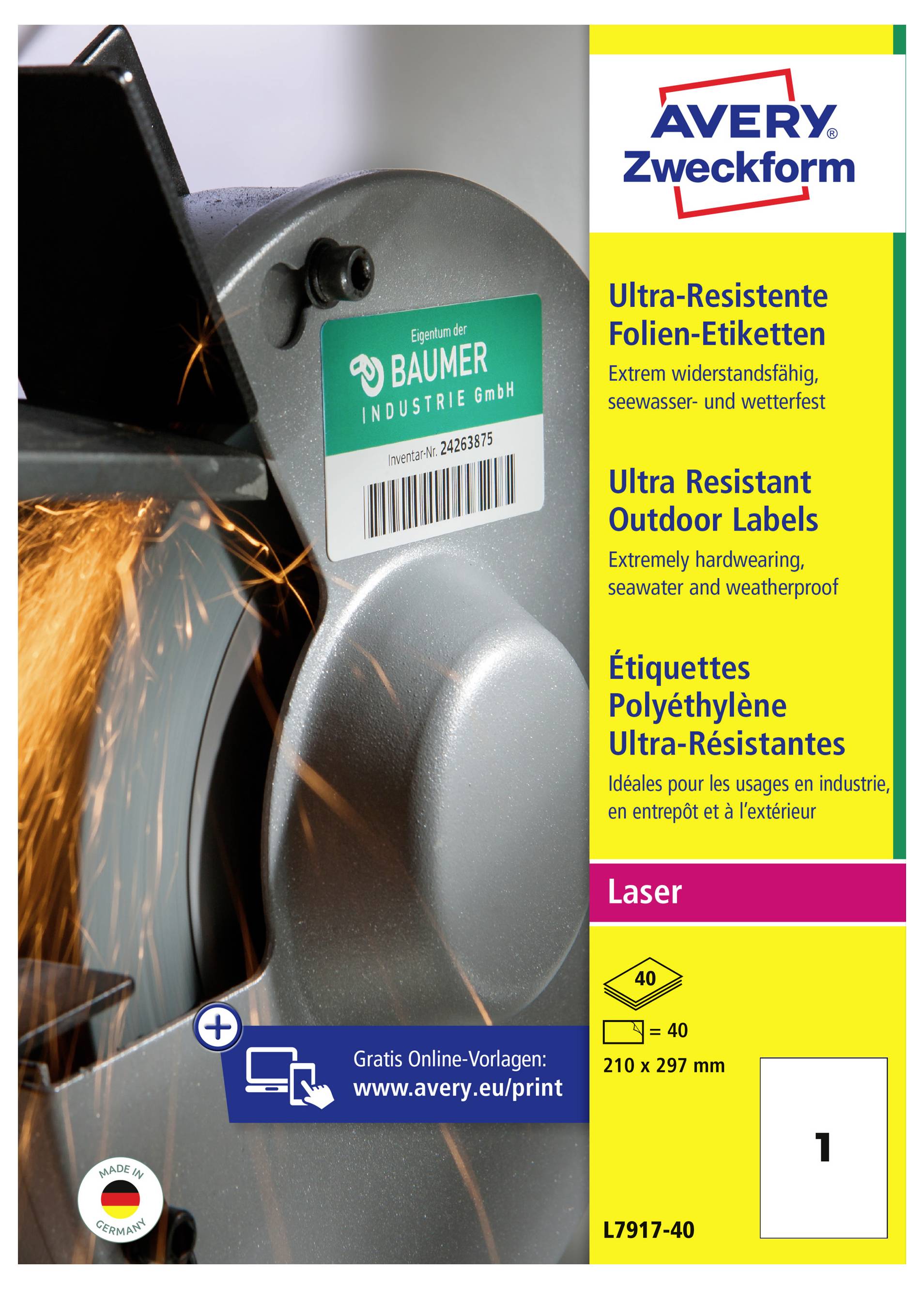 Paquet d'étiquettes ultra-résistantes pour extérieur Avery Zweckform, montrant une étiquette sur équipement industriel et détails du produit pour impression laser, 40 feuilles, 210 x 297 mm.