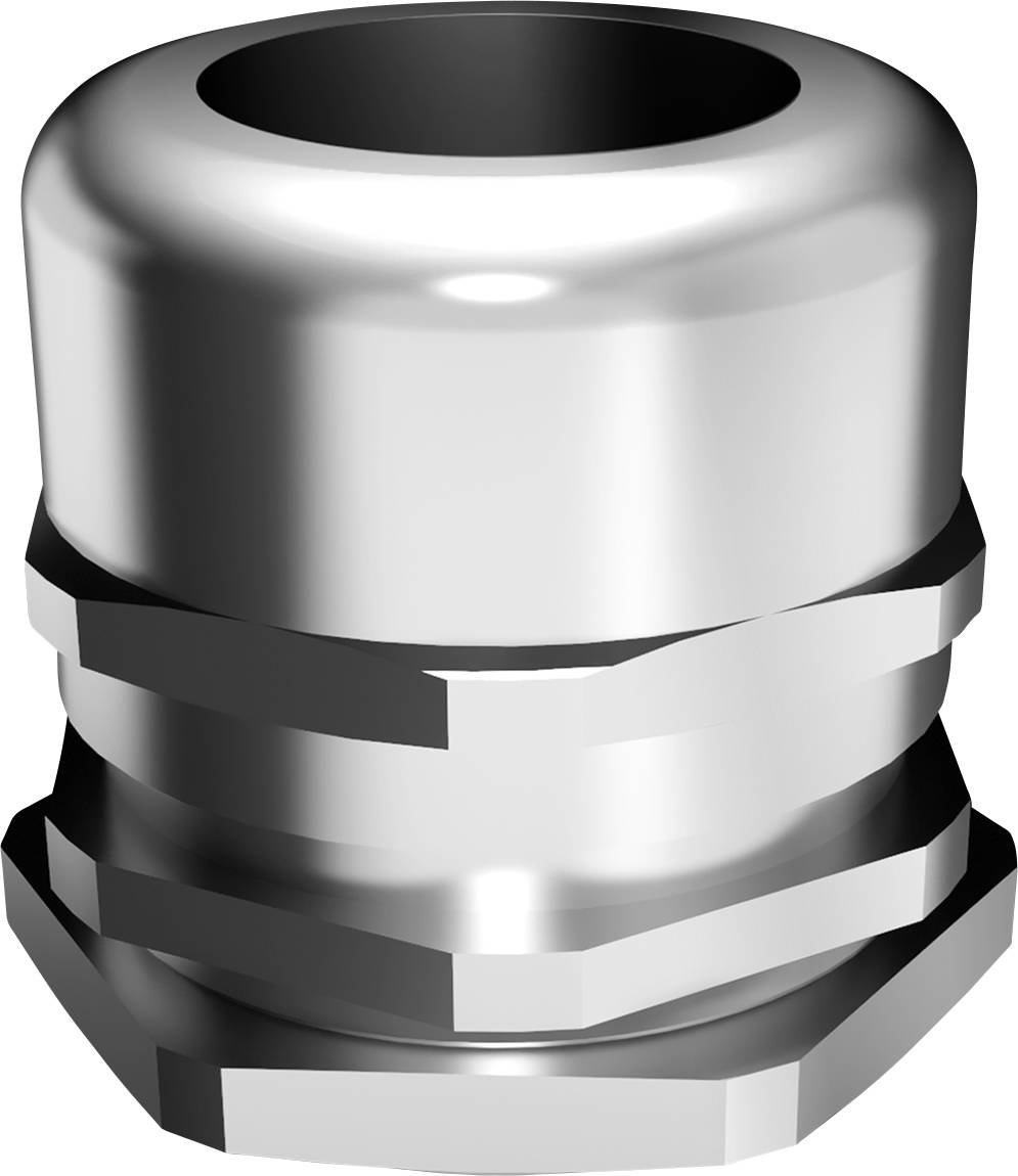 Un presse-étoupe métallique brillant. Forme cylindrique avec base hexagonale, couramment utilisé dans les installations électriques.