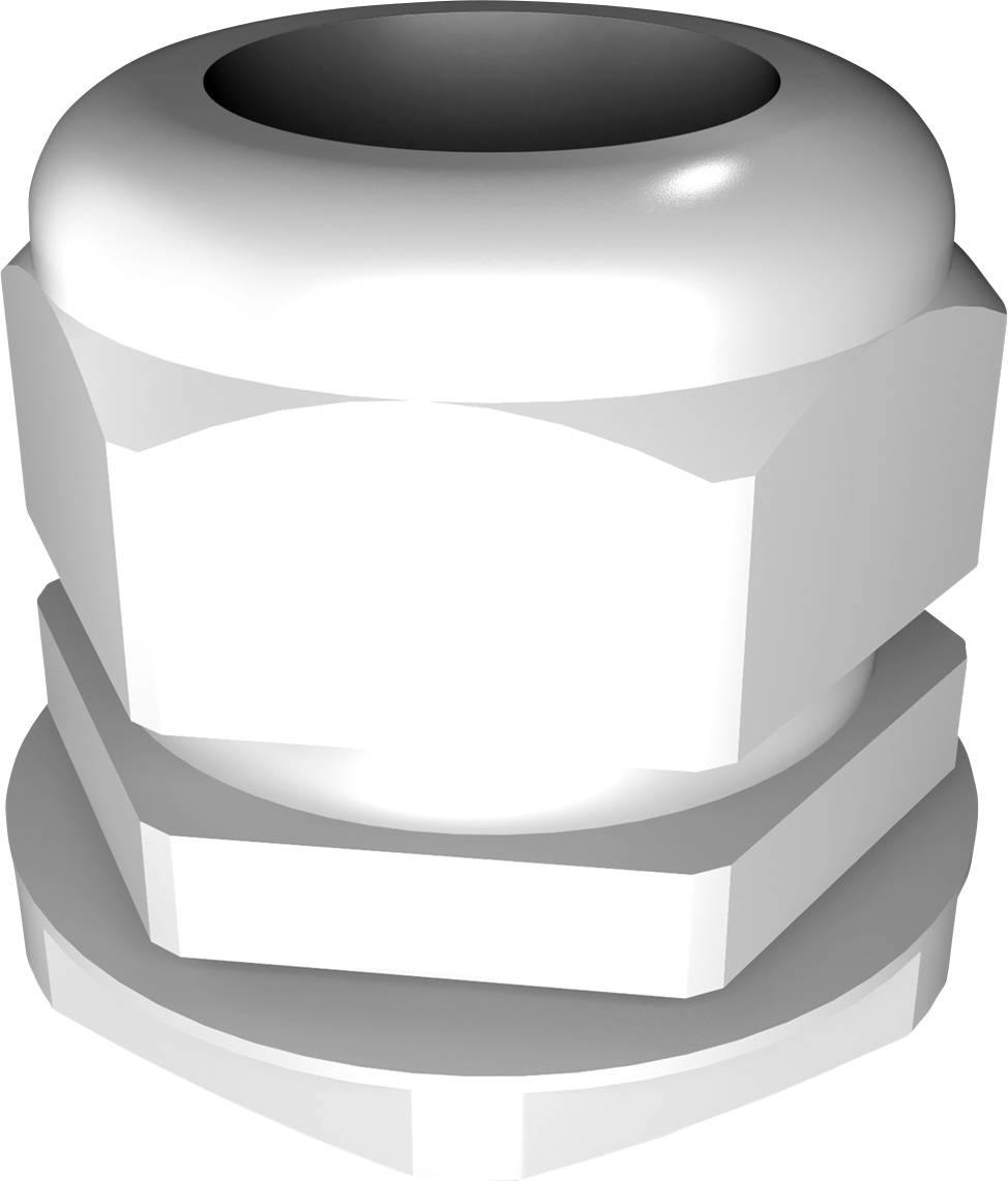 Un presse-étoupe blanc. Principalement cylindrique avec un écrou hexagonal et une surface extérieure lisse.