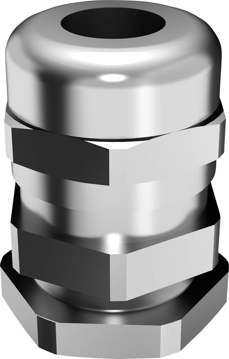 Un presse-étoupe en métal argenté avec un boîtier rond et lisse, et un blocage hexagonal.
