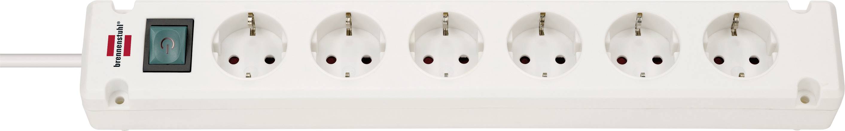 Bande d'alimentation blanche à six prises avec un interrupteur marche/arrêt illuminé en rouge sur la gauche et une fiche noire insérée dans une prise.