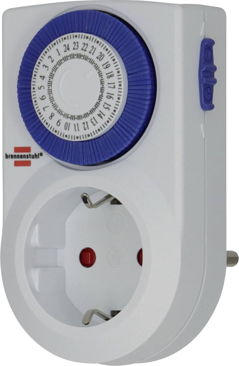 Minuteur mécanique enfichable blanc avec cadran 24 heures bleu et prise de courant mise à la terre pour la programmation de l'alimentation des appareils électroménagers.