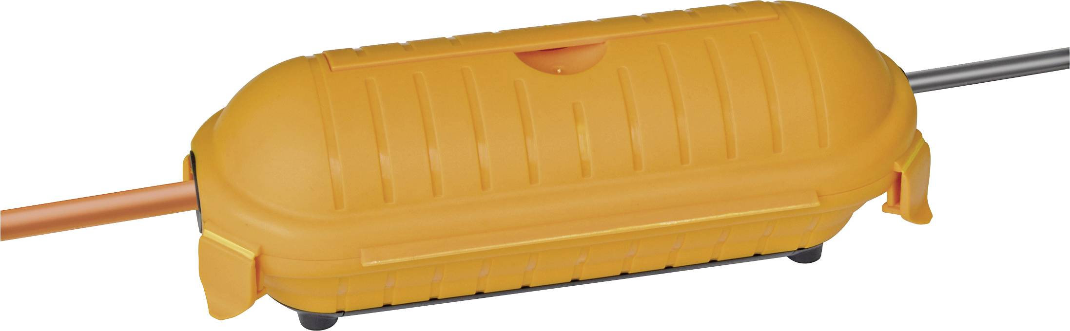 Boîtier de jonction pour câbles orange avec plusieurs câbles entrant par les deux extrémités, utilisé pour protéger et joindre les fils à l'extérieur.
