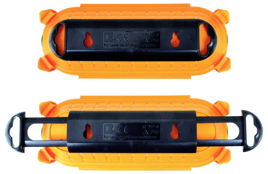 Deux vues d'un étui de téléphone étanche orange et noir avec des loquets de verrouillage et des boucles de sangle, présenté de face et de dos.