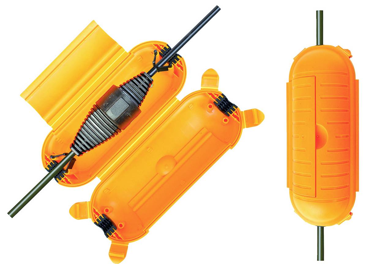 Boîtier de connecteur d'épissure de câble orange montré ouvert et fermé autour d'un câble noir sur fond blanc.