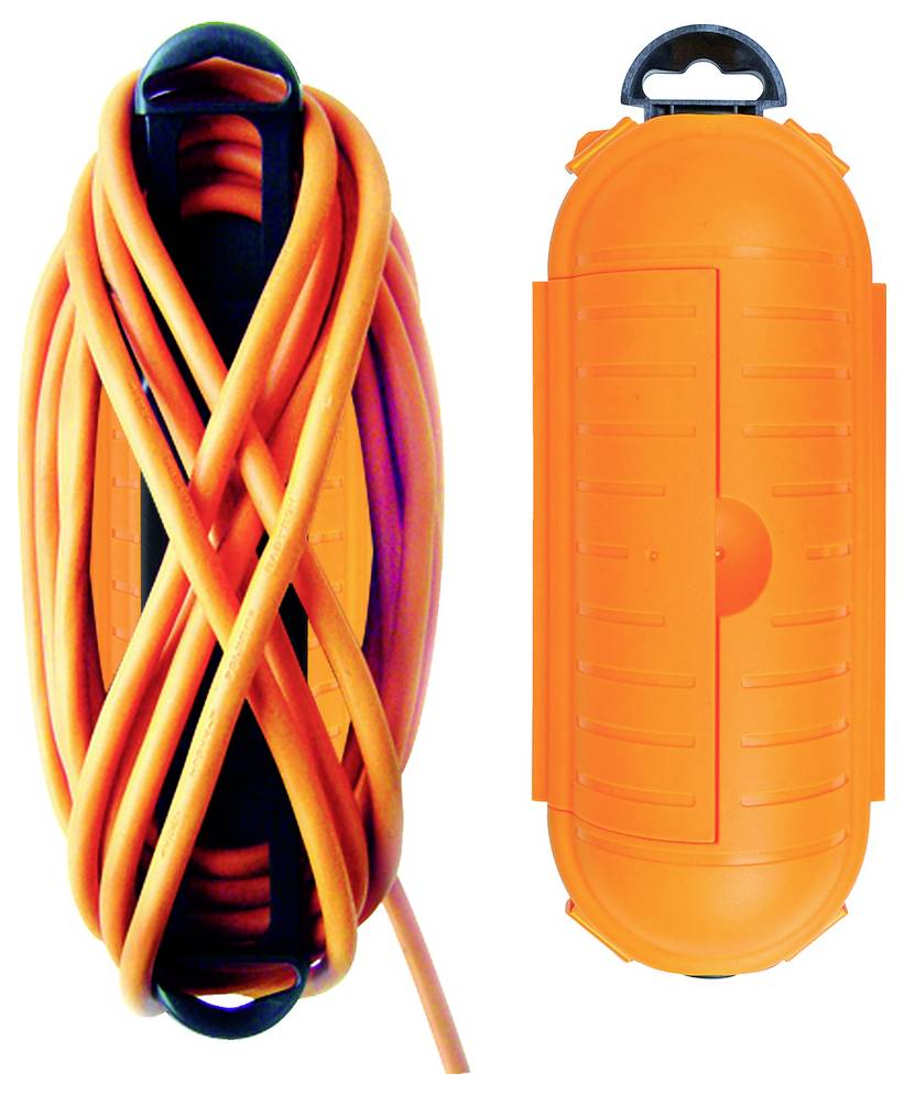 Câble de rallonge orange enroulé autour d'une bobine noire sur la gauche, avec le boîtier de rangement orange présenté fermé sur la droite.