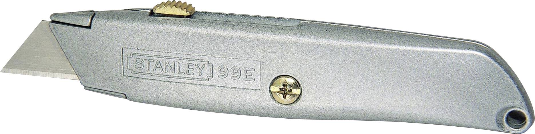 Couteau universel gris avec lame rétractable et mécanisme à vis pour le verrouillage de la lame. Inscription : « STANLEY 99E ».