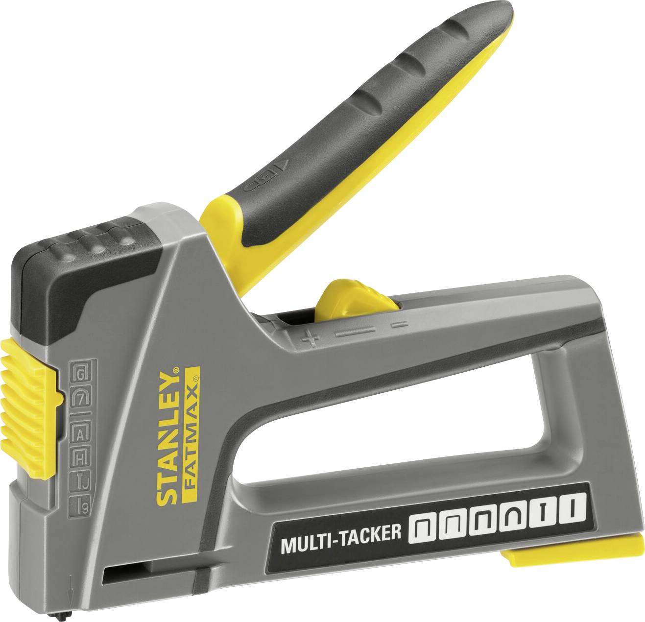 Un agrafeur gris et jaune de la marque Stanley Fatmax, modèle Multi-Tacker, conçu pour l'agrafage et la fixation polyvalents.
