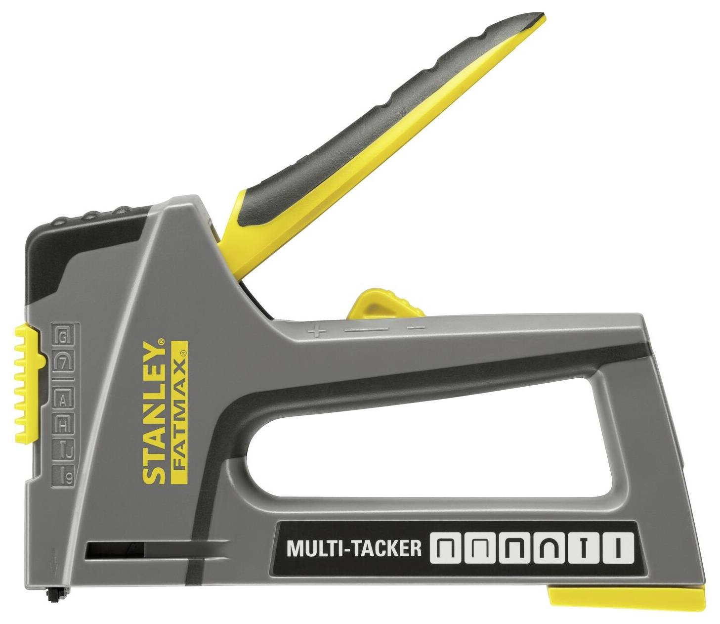 Un Stanley Fatmax Multi-Tacker gris et jaune avec une poignée ergonomique, adapté pour agrafer différents matériaux.