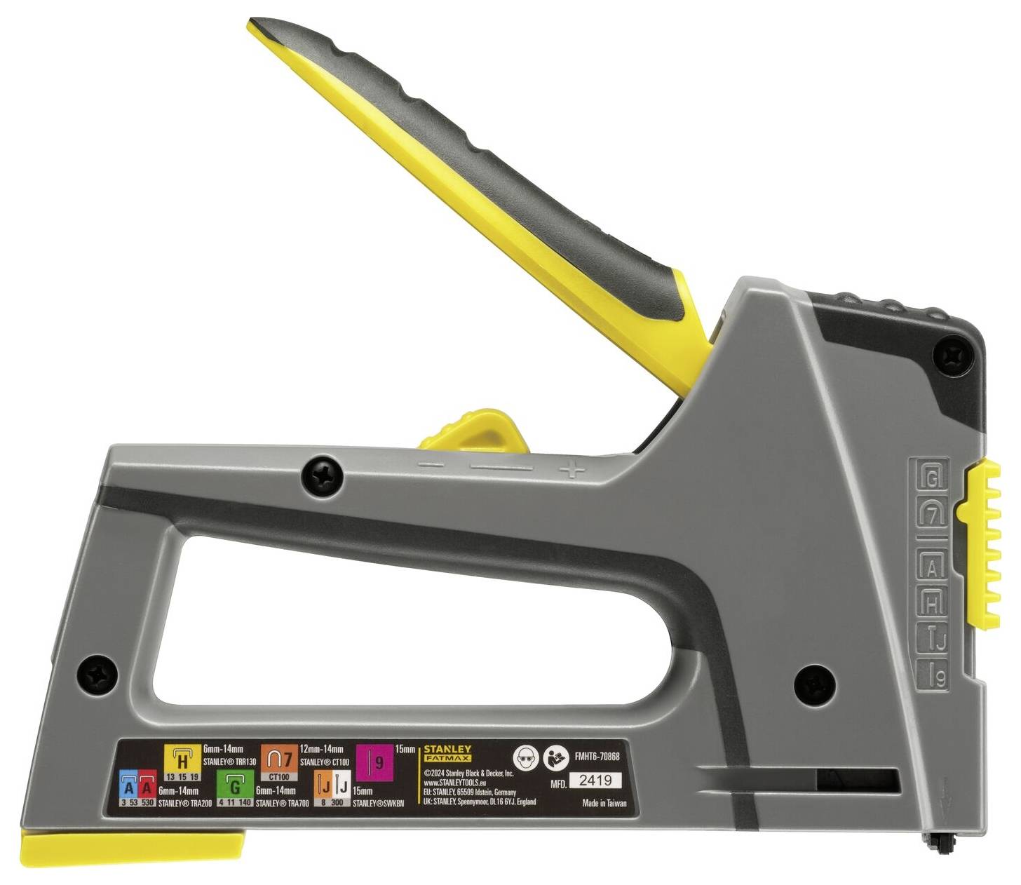 Agrafeuse manuelle en métal avec poignée ergonomique, tonalités grise et jaune, utilisée pour fixer des matériaux.