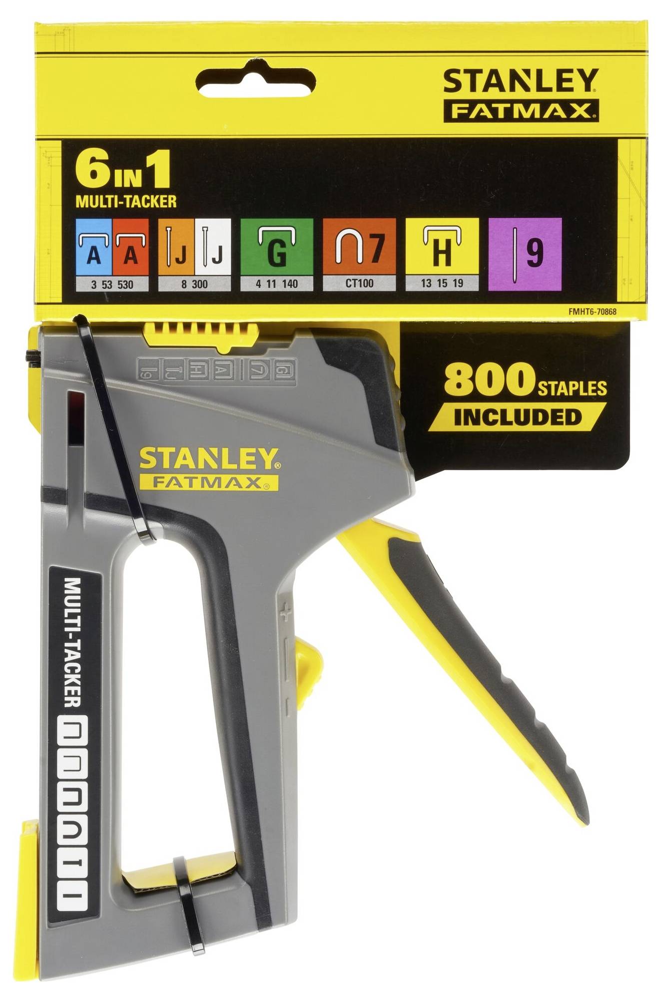 Agraffeuse multifonction Stanley Fatmax 6-en-1 avec 800 agrafes, design jaune et gris, adaptée à différentes tailles d'agrafes.
