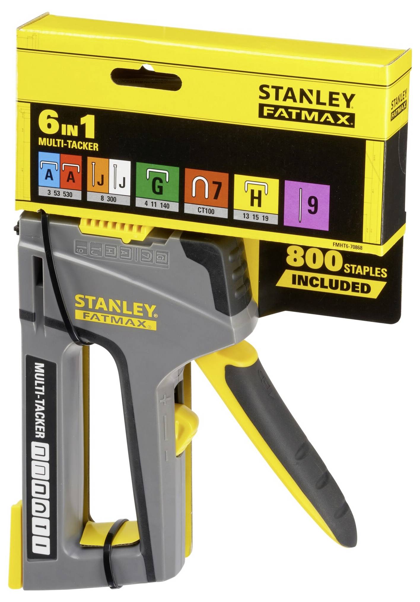 Agrafeuse 'Stanley Fatmax 6 en 1' avec affichage des tailles d'agrafes, contient 800 agrafes, adaptée à différentes tailles de fixation.