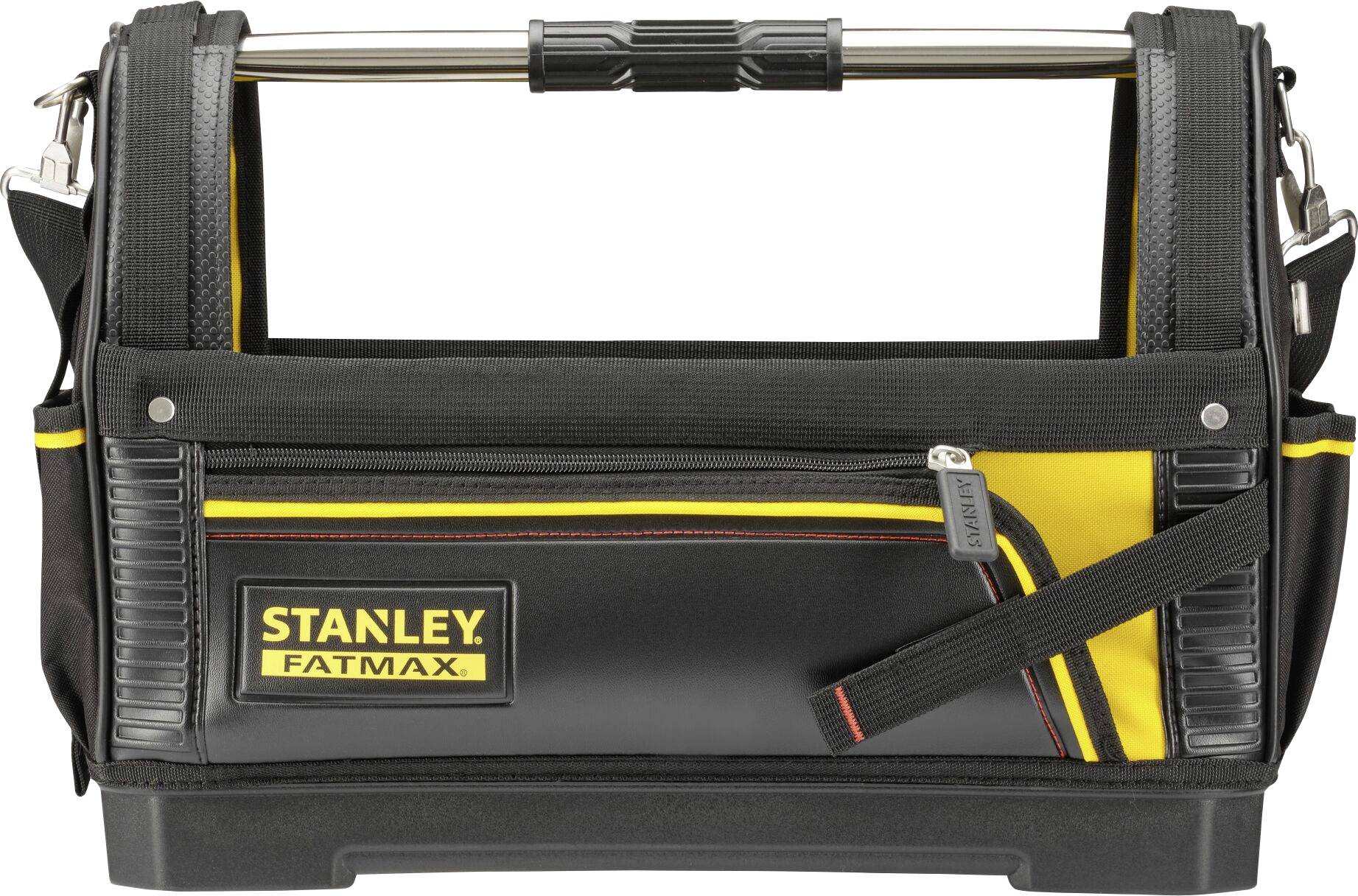 Sacoche à outils Stanley Fatmax, noir et jaune, avec poignée de transport et poche zippée à l'avant. Idéale pour les outils.