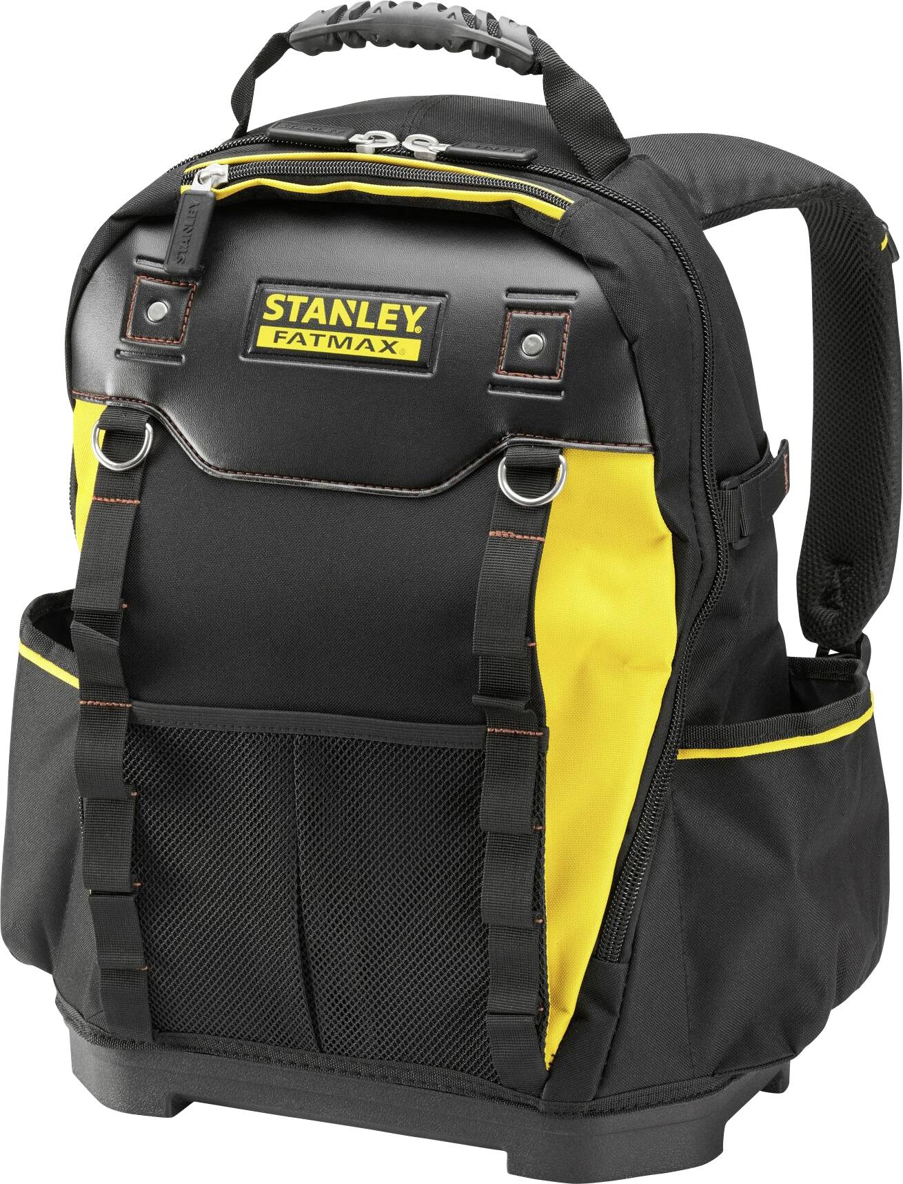 Un sac à dos à outils noir et jaune portant l'inscription 'Stanley Fatmax' à l'avant. Il dispose de plusieurs poches et sangles de transport.