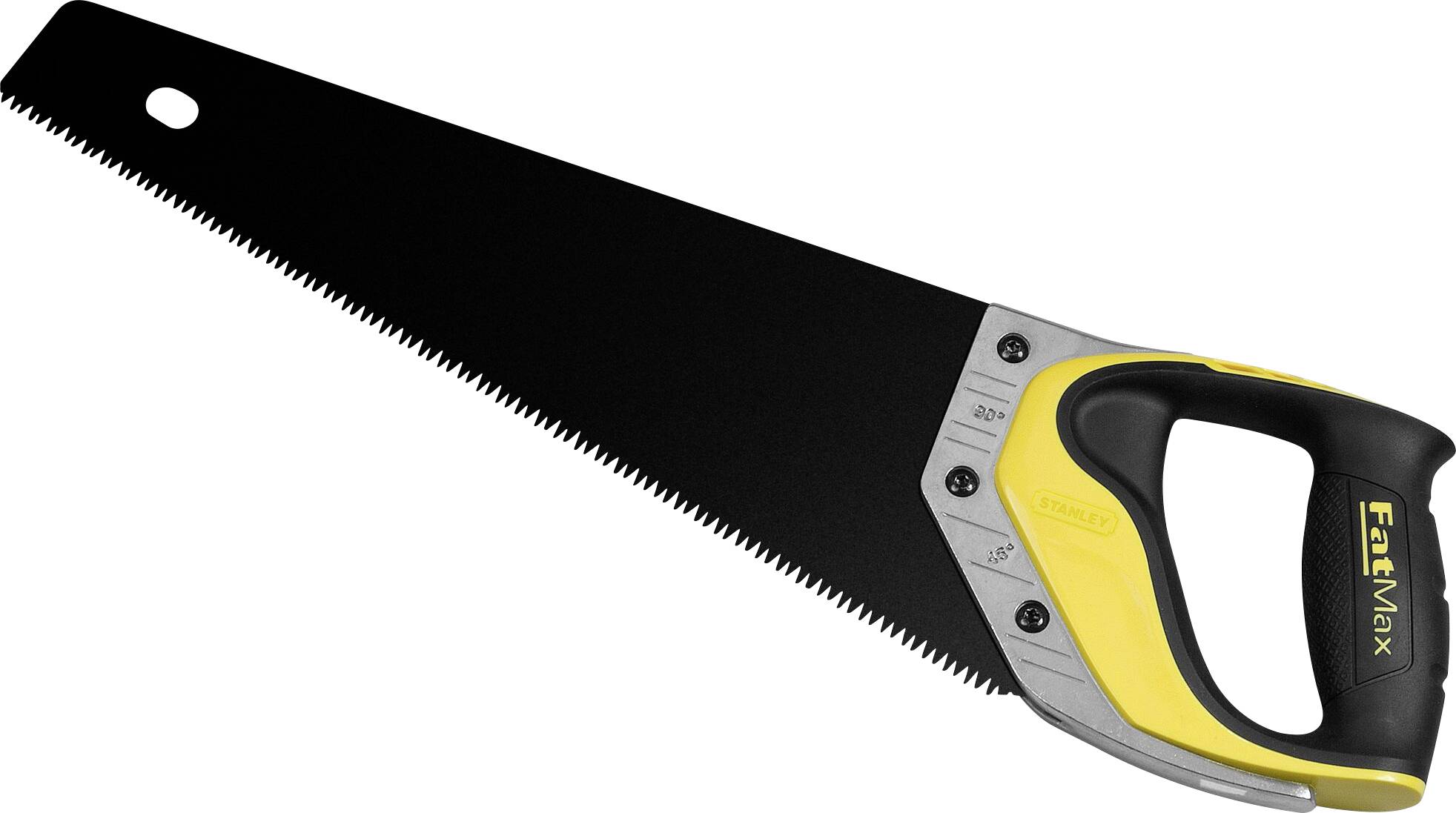Scie à main avec lame de scie noire et poignée ergonomique jaune et noire, adaptée aux travaux sur bois.