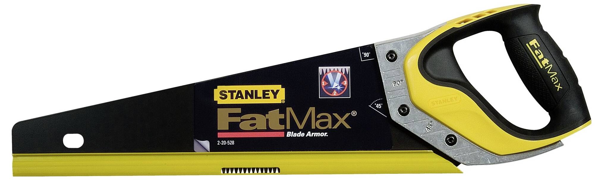 Scie à main 'Stanley FatMax' avec poignée ergonomique et protection de lame, le logo de marque bien visible. Convient parfaitement pour une coupe précise.