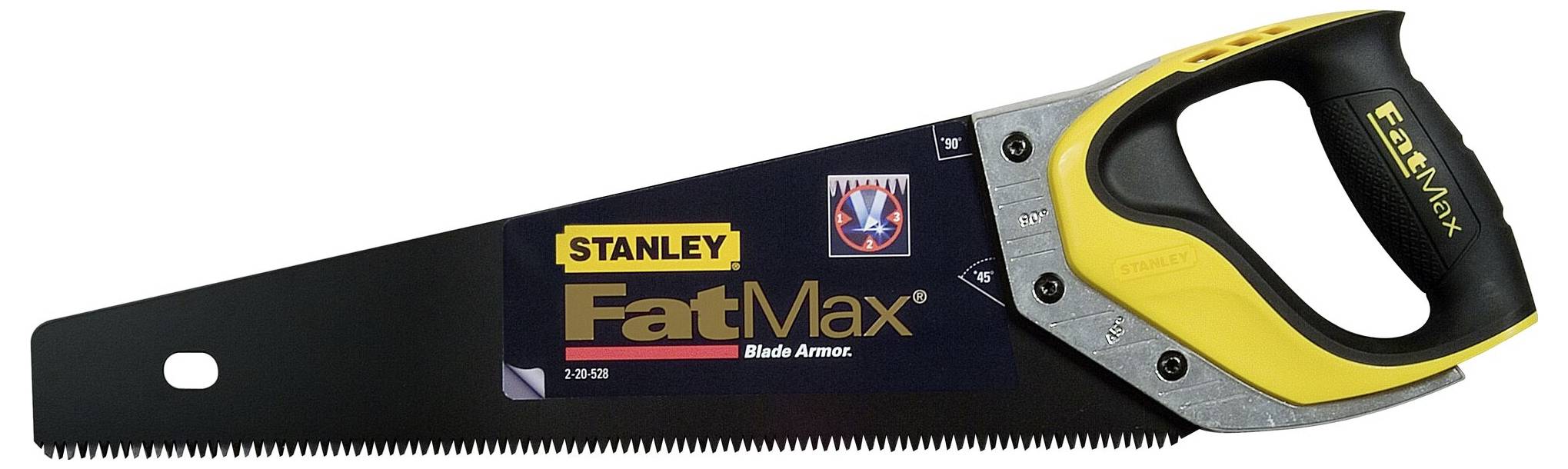 Scie à main avec poignée ergonomique et design distinctif noir et jaune. Marquée 'Stanley FatMax Blade Armor'.