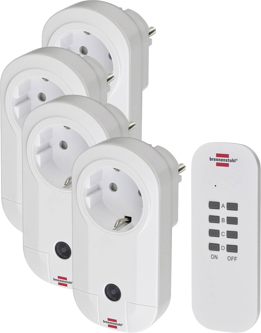 Quatre adaptateurs de prise blanc à brancher et une télécommande assortie étiquetée A, B, C, D avec des boutons ON et OFF.