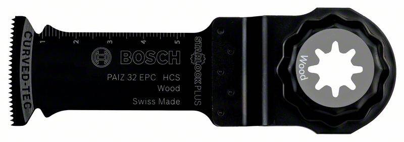 Lame de scie oscillante Bosch, modèle PAIZ 32 EPC HCS, pour le bois. Échelle de mesure et fixation étoilée, denture courbe, Swiss Made.