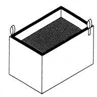 Un récipient rectangulaire avec un couvercle semblable à un grillage sur le dessus, deux poignées sur les côtés, probablement un panier ou une caisse.