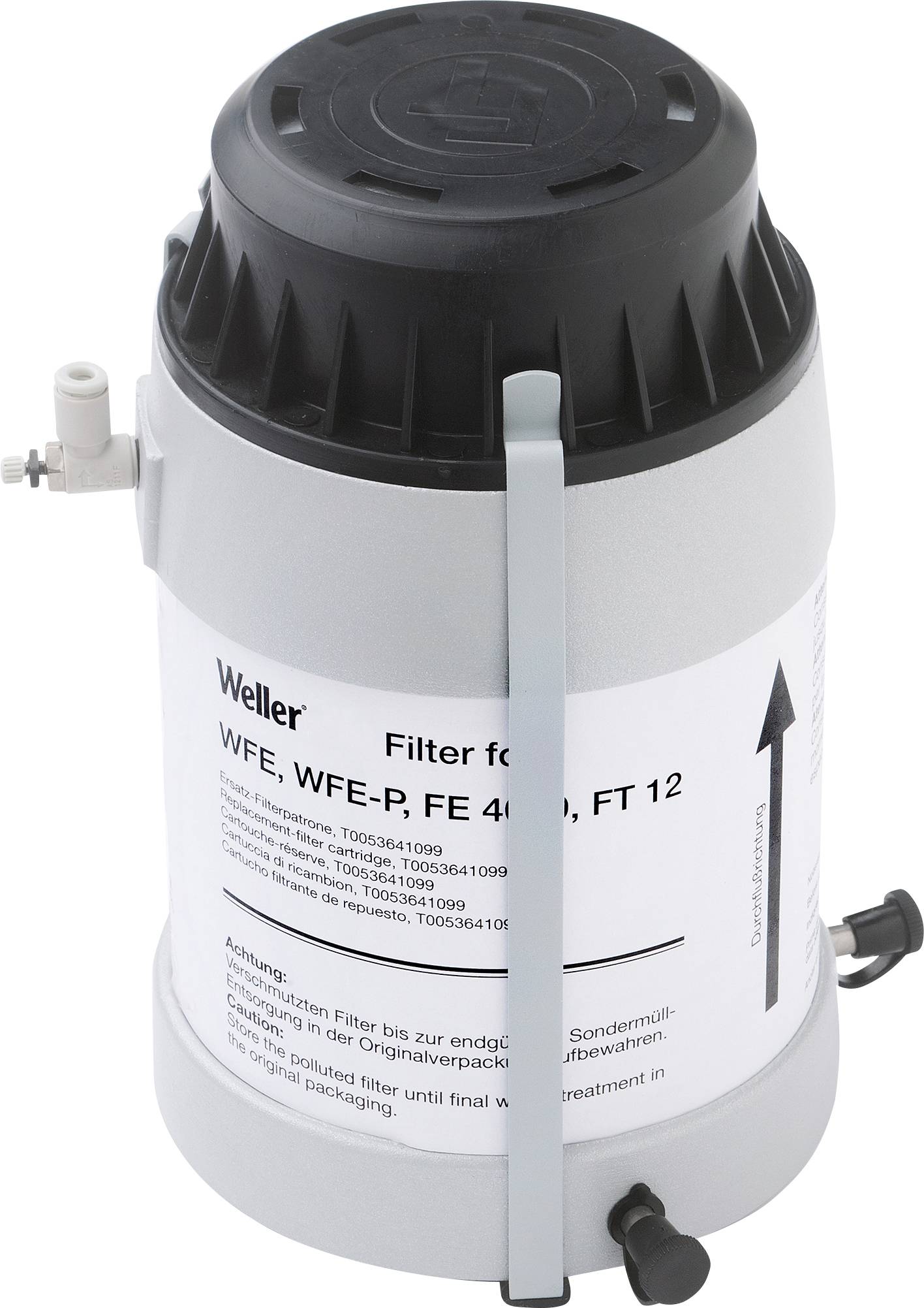 Unité de filtration Weller pour modèles WFE, WFE-P, FE 4000, FT 12. La partie principale est cylindrique avec un boîtier gris et un couvercle noir.