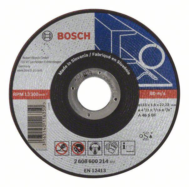 Disque à meuler de la marque Bosch, RPM max. 13 300, Fabriqué en Slovénie. Adapté pour le métal, vitesse de 80 m/s, diamètre de 115 mm.