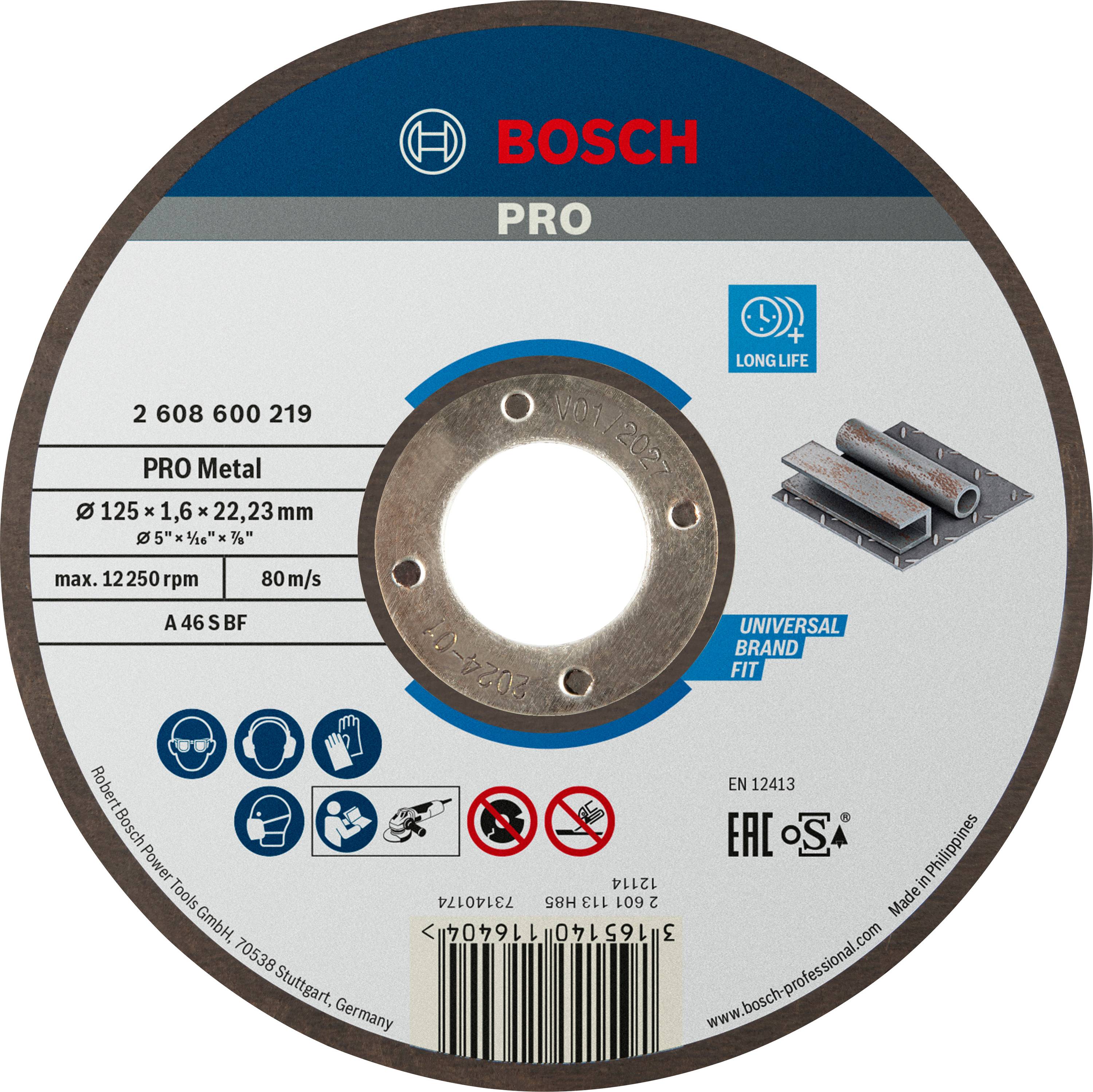 Disque à tronçonner 'BOSCH PRO Metal' pour usinage des métaux, diamètre 125 mm, vitesse de rotation maximale de 12 250 tr/min, pour meuleuse d'angle.