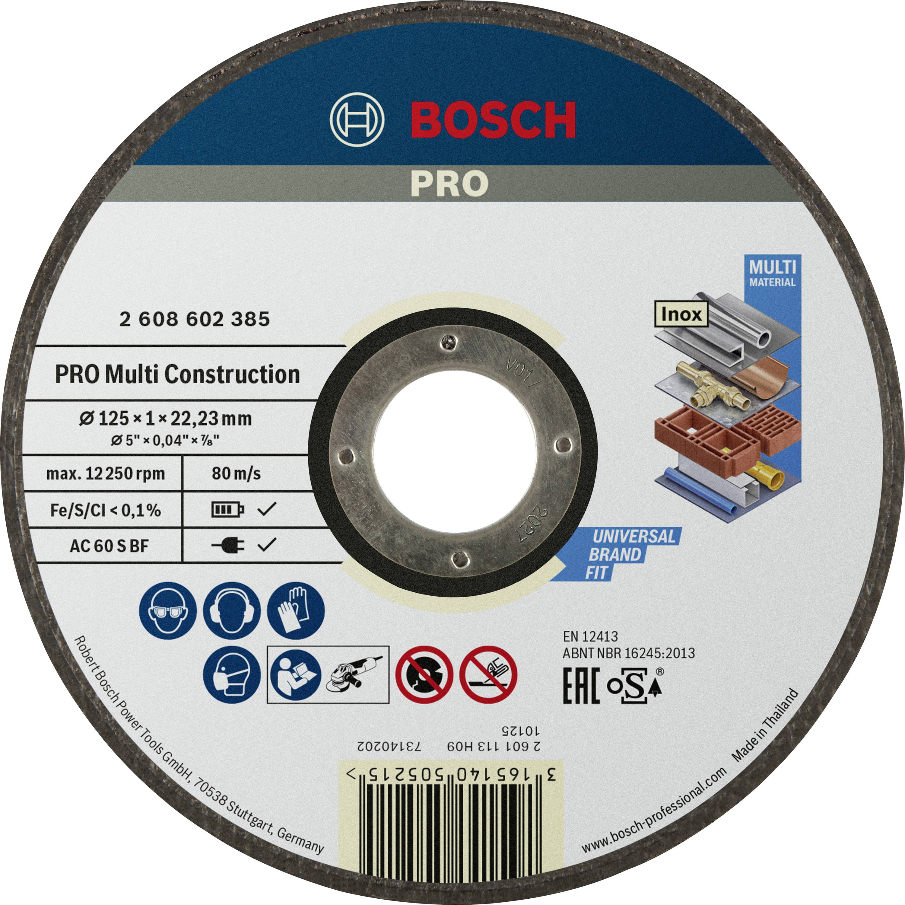 Disque à tronçonner Bosch, PRO Multi Construction, diamètre 125 mm. Adapté à divers matériaux tels que l'inox et les multi-matériaux.