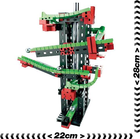 Ensemble de circuit à billes en blocs de plastique rouge et vert, construction verticale. Taille : 28 cm de hauteur, 22 cm de largeur. Parcours ajustables.