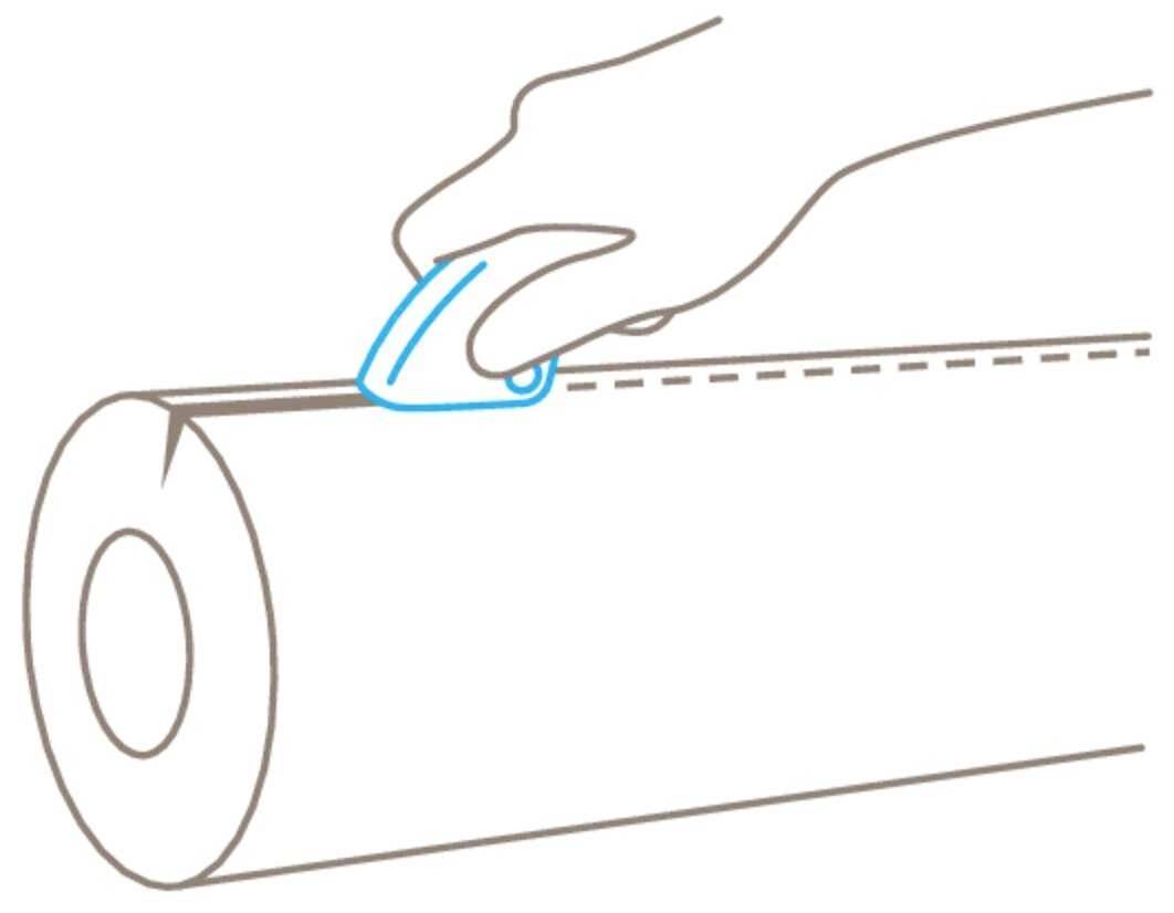 Graphique d'un couteau coupant le long d'une ligne pointillée sur un rouleau de papier, illustrant la découpe de papier sur le rouleau.