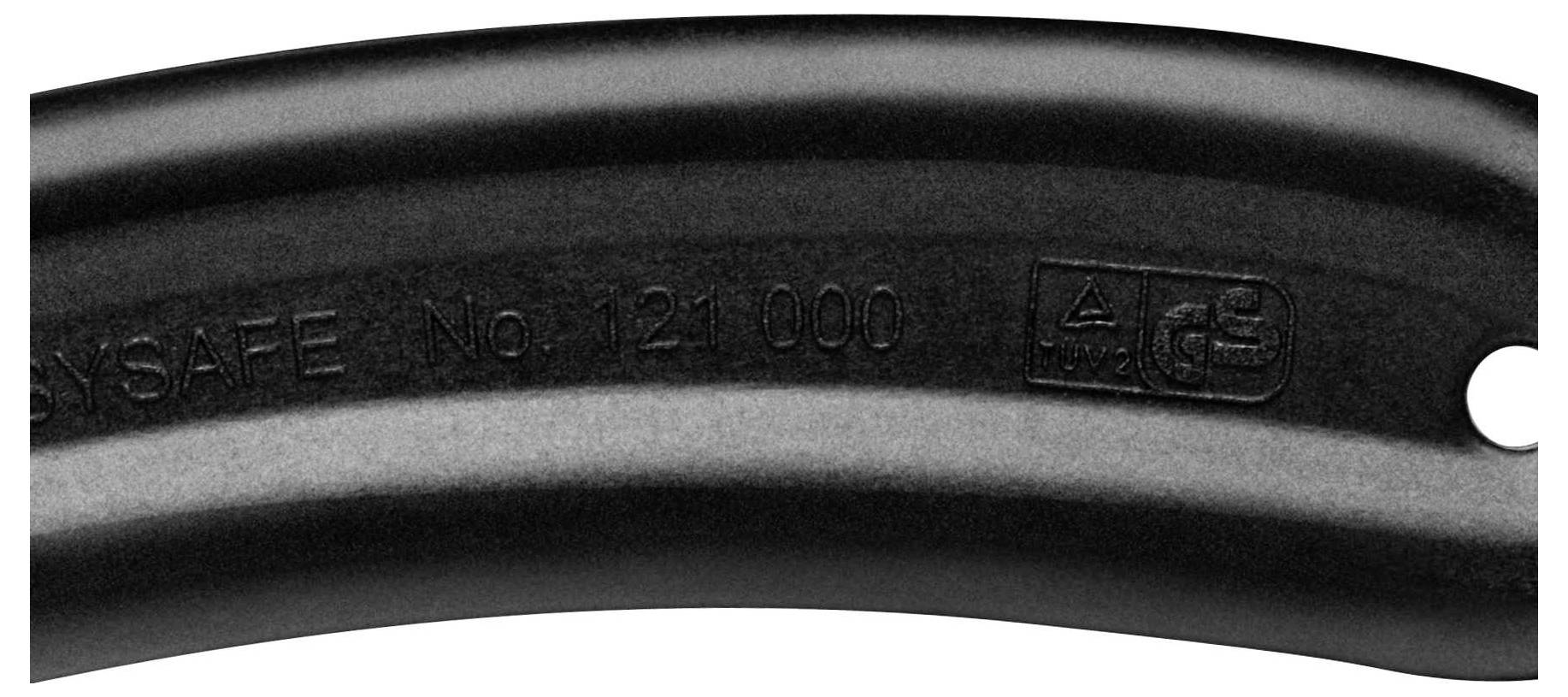 Pneu de vélo noir portant l'inscription 'AXA SAFETY No. 021000' et un logo de sécurité avec marquage CE.