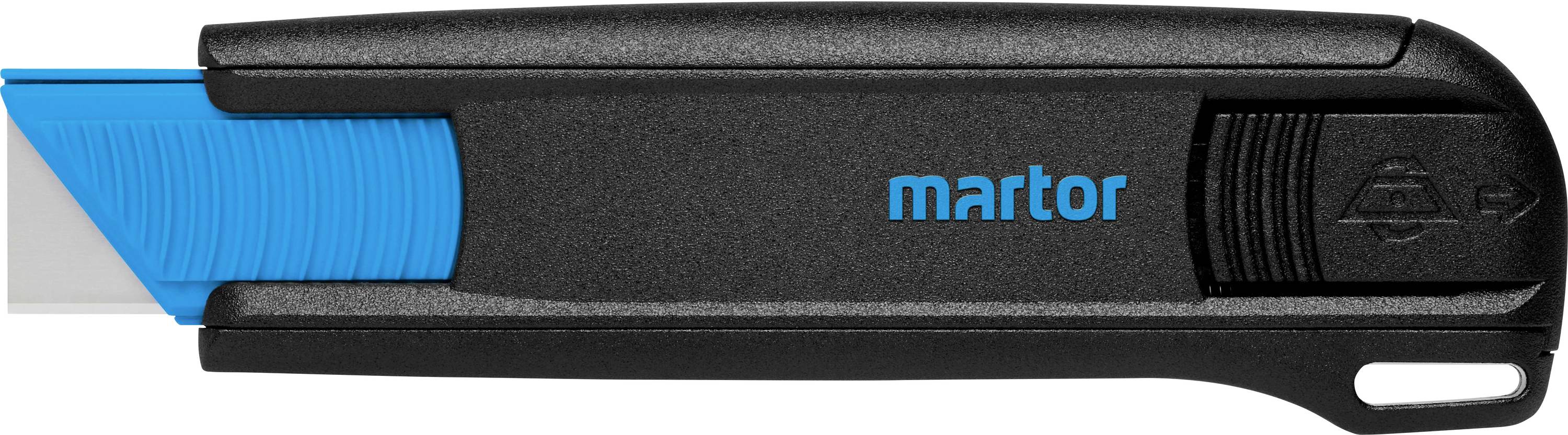 Un cutter de sécurité noir avec une lame bleue et l'inscription 'martor' sur le côté ; utilisé pour couper des matériaux en toute sécurité.