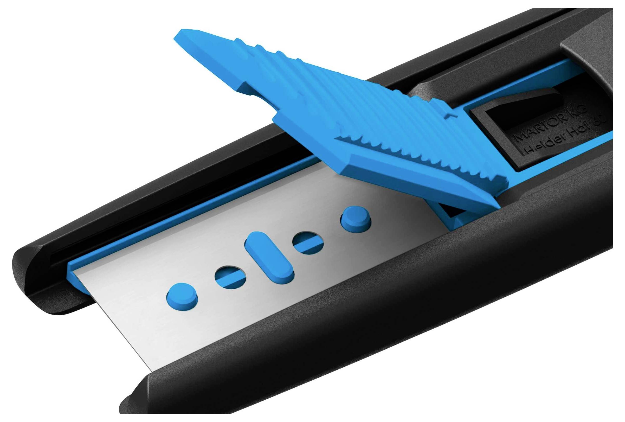 Un cutter à tapis avec un capuchon de sécurité bleu montre la lame exposée.