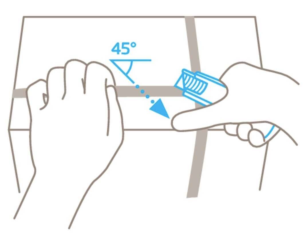 Illustration de deux mains ouvrant un paquet avec un couteau à un angle de 45 degrés.