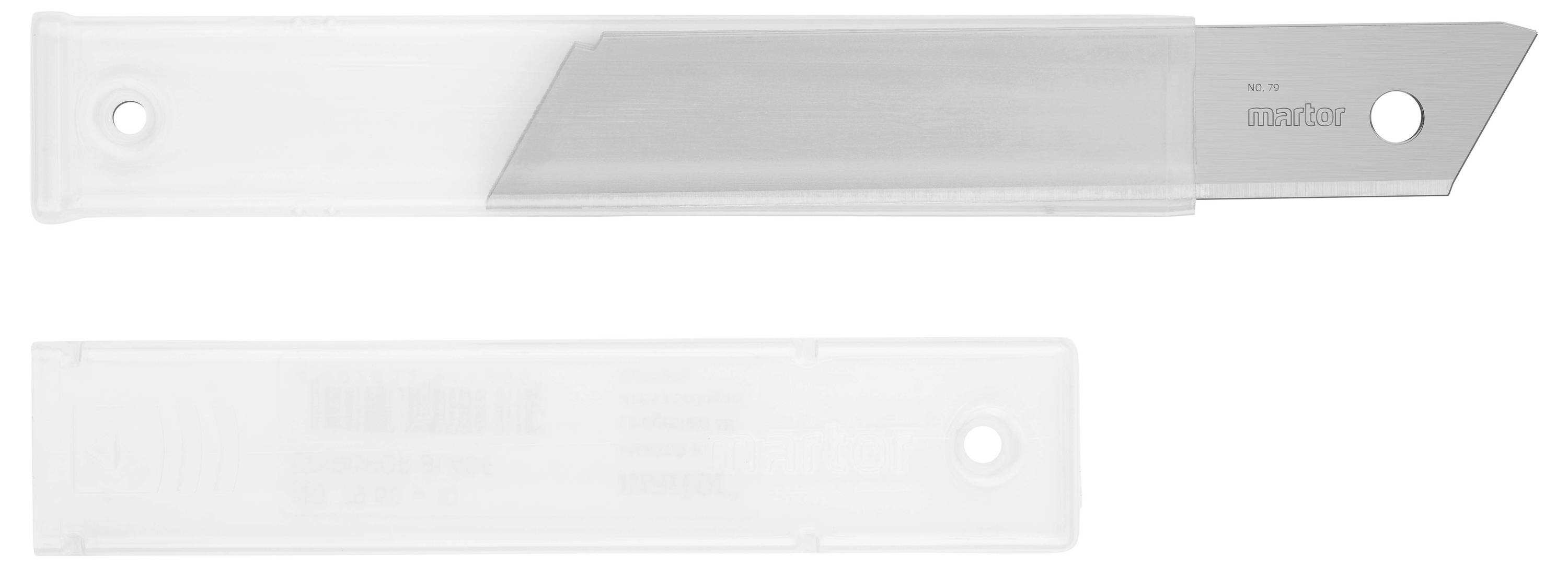 Lame de rechange dans un étui en plastique transparent, partiellement sortie.