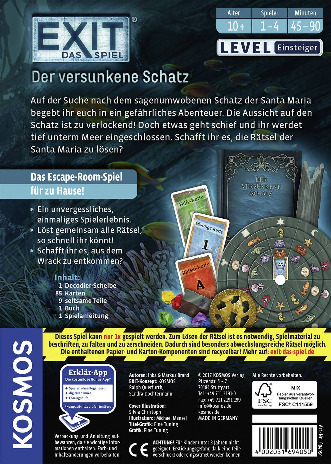Jeu d'escape room 'Le Trésor englouti'. Résoudre des énigmes pour trouver des trésors. Pour 1-4 joueurs, à partir de 10 ans, durée de jeu 45-90 min.